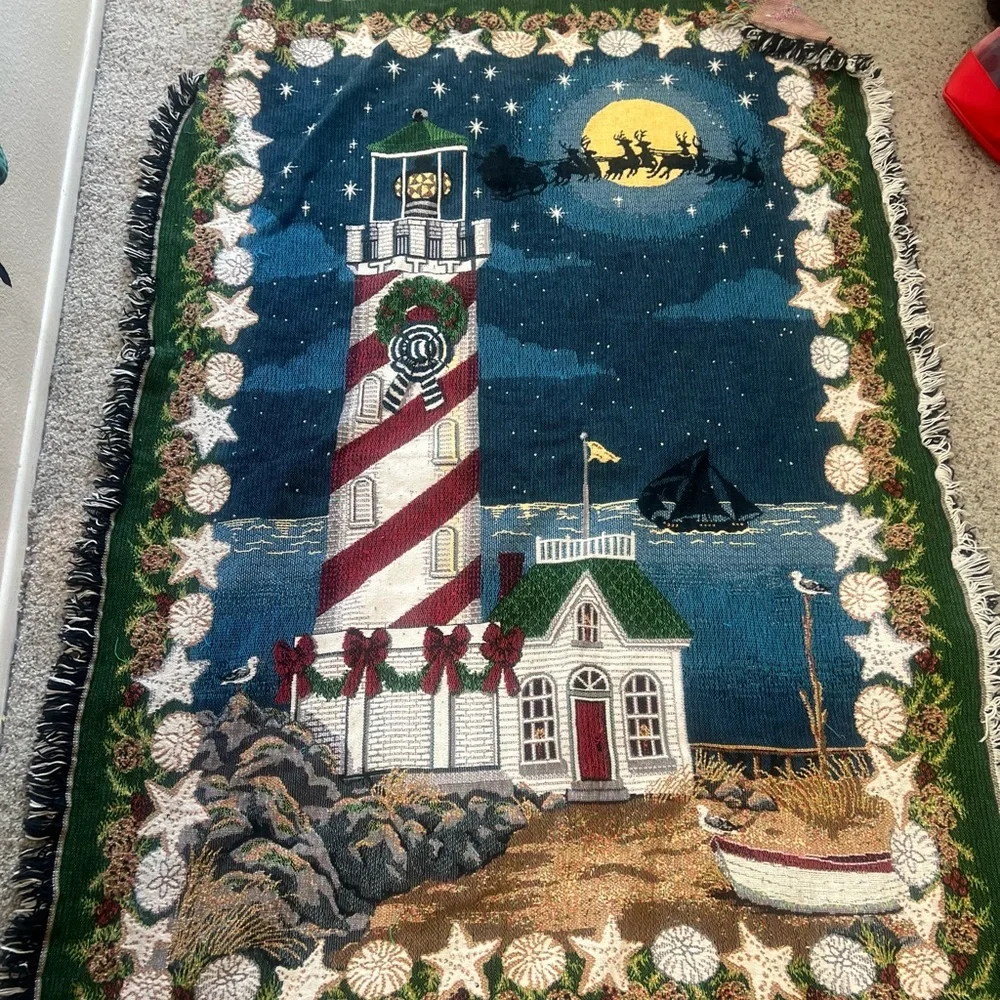 VNTG Santa Reindeer Christmas Light House Tapestry Blanket‎ Country Southwestern